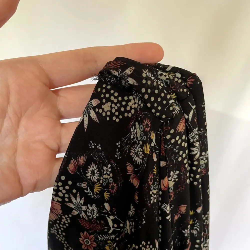 Downeast navy pink floral wide leg flowy pants women's size small lined trousers